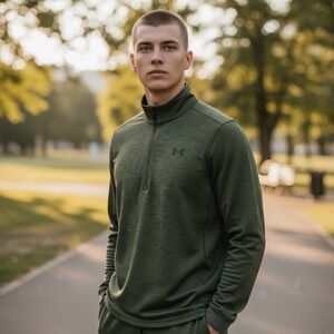 Under Armour Shirt Mens Small Green Fleece Lined Loose Fit ColdGear Quarter Zip